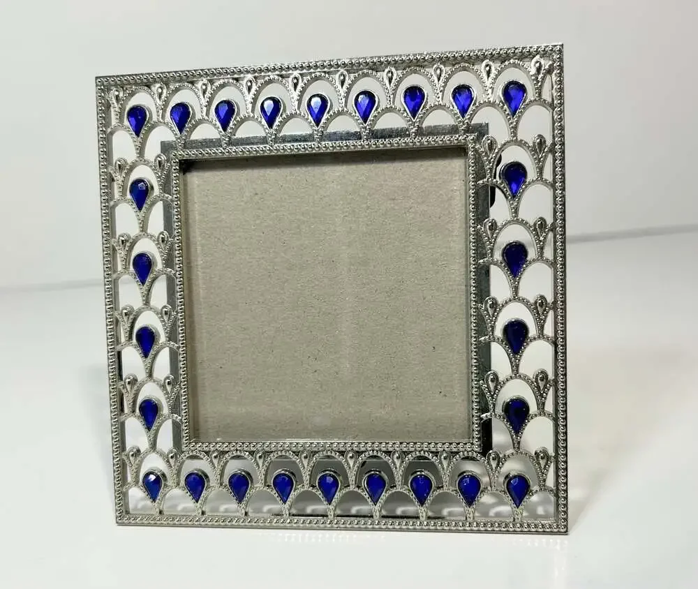 Issac Mizrahi silver toned blue jeweled teardrop 5” square picture frame